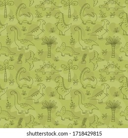 Cute Dinosaurs. Dino Seamless Pattern In Doodle Style On Military Background. Hand Drawn Vector Illustration