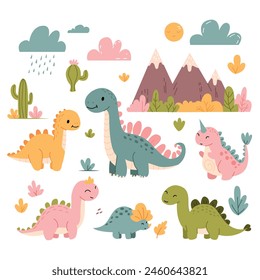 Cute dinosaurs, dino vector set. Dinosaurs in the forest.