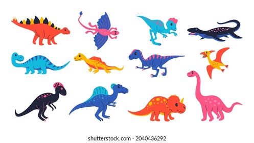 Cute dinosaurs. Doodle colourful prehistoric reptiles for kid illustration, ancient Jurassic predators and herbivores. Vector funny dinosaurs set