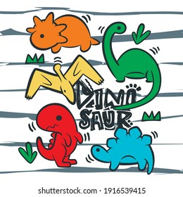 Cute dinosaurs doodle design on striped background illustration vector, cool graphic t-shirts for kids.