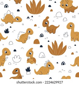 Cute dinosaurs doodles seamless pattern. Hand drawn vector. Scandinavian style on a white background. Childish pattern for fabric, paper, wrapping, clothing, textile, wallpaper. Vector