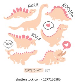 Cute dinosaurs doodles set. Funny cartoon dino. Hand drawn vector doodle design for girls, kids. Hand drawn children's illustration for fashion clothes, shirt, fabric