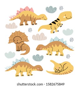 Cute dinosaurs doodles set scandinavian style. Funny cartoon dinos. Hand drawn vector doodle design for girls, kids. Hand drawn children's illustration for fashion clothes, shirt, fabric, wall poster