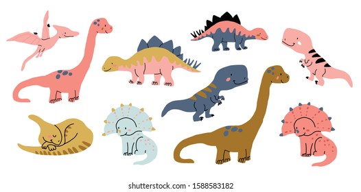 Cute dinosaurs doodles set scandinavian style. Funny cartoon dinos. Hand drawn vector doodle design for girls, kids. Hand drawn children's illustration for fashion clothes, shirt, fabric, wall poster