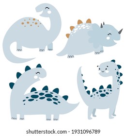Cute dinosaurs doodles set scandinavian style. Funny cartoon blue dinos. Hand drawn vector design for girls, kids. Hand drawn children's illustration for fashion clothes, shirt, fabric, wall poster