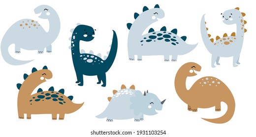 Cute dinosaurs doodles set scandinavian style. Funny cartoon dinos. Hand drawn vector doodle design for girls, kids. Hand drawn children's illustration for fashion clothes, shirt, fabric, wall poster