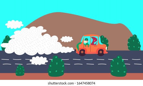 Cute dinosaurs driving a car, childish cartoon characters, vector illustration. Road trip in dino world, funny prehistoric creatures from Jurassic period. Hand drawn cartoon scene, dino children story