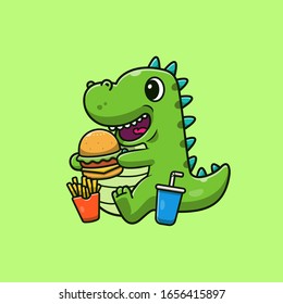 Cute Dinosaurs Eating Burger Vector Icon Illustration. Dino Mascot Cartoon Character. Animal Icon Concept White Isolated. Flat Cartoon Style Suitable for Web Landing Page, Banner, Flyer, Sticker, Card