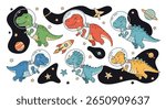 Cute dinosaurs exploring the cosmos in adorable space suits among stars and planets