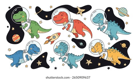 Cute dinosaurs exploring the cosmos in adorable space suits among stars and planets