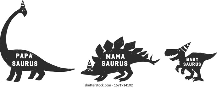 Cute dinosaurs family: papa saurus, mama saurus, baby dino saurus. Doodle b-day party t-shirt design. Funny dino anniversary. Textile design for baby boy on white background. Vector illustration