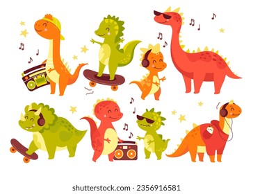 Cute dinosaurs fantastic animal cartoon character listening music isolated set on white background. Funny comic magic dragon in headphones dancing, skateboarding and walking vector illustration