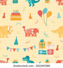 Cute dinosaurs festive seamless pattern. Vector dinosaurs, balloons, party caps, cake in a simple childish hand drawn style. Design of children's gift wrapping, clothing, fabrics, wrapping paper.