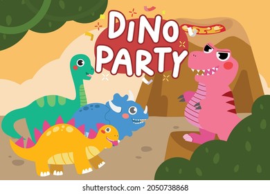 Cute Dinosaurs in Forest and Lava Mountain Background 