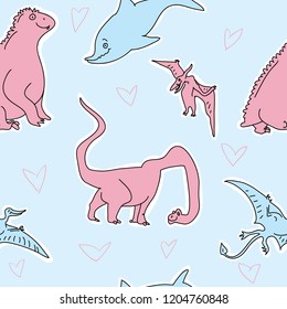 	
Cute dinosaurs. Funny cartoon dino. Hand drawn vector doodle design for girls, kids. Hand drawn children's illustration pattern for fashion clothes, shirt, fabric