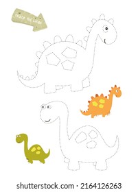 Cute Dinosaurs Games and  Activities for kids. Trace the Lines. Vector illustration.