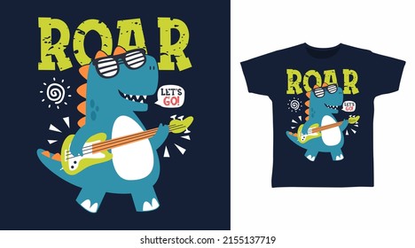 Cute dinosaurs with guitar cartoon tshirt art design