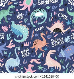 Cute dinosaurs hand drawn color vector seamless pattern. Dino characters cartoon texture with lettering. Scandinavian illustration. Sketch Jurassic reptiles. Wrapping paper, textile, background fill