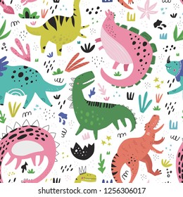 Cute dinosaurs hand drawn color vector seamless pattern. Dino characters cartoon texture. Prehistoric scandinavian illustration. Sketch Jurassic reptiles. Web, wrapping paper, textile, background fill