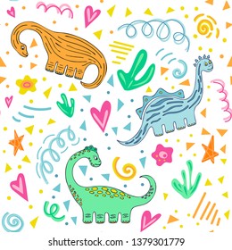 Cute dinosaurs hand drawn color vector seamless pattern. Sketch jurassic reptile. Isolated scandinavian cartoon illustration for kids game, book, t-shirts, banner, typographic