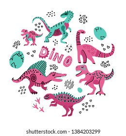 Cute dinosaurs hand drawn color vector illustration in round shape. Dino characters cartoon circle texture. Prehistoric scandinavian illustration. Sketch Jurassic reptiles in pink and cyan.