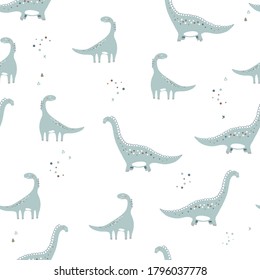 Cute dinosaurs hand drawn color vector seamless pattern. Creative vector childish background for fabric, textile, nursery wallpaper. Vector Illustration. 