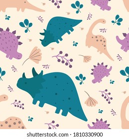 Cute dinosaurs hand drawn color vector seamless pattern. Dino characters cartoon texture. Prehistoric scandinavian illustration. Sketch Jurassic reptiles. Web, wrapping paper, textile, background fill