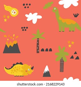 Cute dinosaurs hand drawn color vector seamless pattern. Dino characters cartoon texture. Prehistoric scandinavian illustration.Web, wrapping paper, textile, background fill.Sketch Jurassic reptiles. 