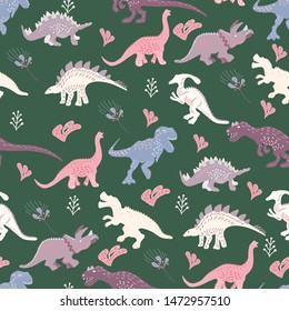 Cute dinosaurs hand drawn seamless vector pattern on dark green background. Vector Illustration
