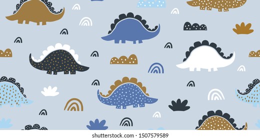 Cute dinosaurs in hand drawn sketchy style. Funny cartoon dino seamless pattern. Hand drawn children's pattern for fashion clothes, shirt, fabric. Scandinavian design. Kids dino pattern for boys