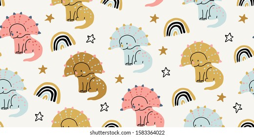 Cute dinosaurs in hand drawn sketchy style. Funny cartoon dino seamless pattern. Hand drawn children's pattern for fashion clothes, shirt, fabric. Scandinavian design. Kids dino pattern for boys, girl