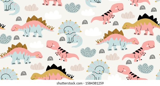 Cute dinosaurs in hand drawn sketchy style. Funny cartoon dino seamless pattern. Hand drawn children's pattern for fashion clothes, shirt, fabric. Scandinavian design. Kids dino pattern for boys, girl