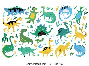 Cute dinosaurs hand drawn vector color characters set. Dino flat cliparts. Sketch prehistoric animals. Jurassic reptiles doodle drawing. Isolated scandinavian cartoon kids book, textile illustrations
