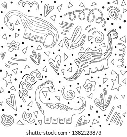 Cute dinosaurs hand drawn vector seamless pattern. Sketch jurassic reptile. Isolated scandinavian cartoon illustration for kids game, book, t-shirts, banner, typographic