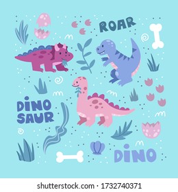 Cute dinosaurs hand drawn vector color characters set. Dino flat cliparts. Sketch prehistoric animals. Jurassic reptiles doodle drawing. Isolated scandinavian cartoon kids book, textile illustrations