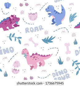 Cute dinosaurs hand drawn vector seamless pattern. Dino flat cliparts. Sketch prehistoric animals. Jurassic reptiles doodle drawing. Isolated scandinavian textile illustrations