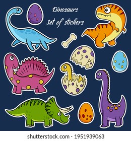Dinosaurios pequeños dibujados a mano pegatinas vectoriales al estilo de las caricaturas. Piezas planas de Dino. Ilustración vectorial.