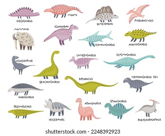 Cute dinosaurs hand drawn vector color characters set. Dino flat clip arts. Jurassic reptiles doodle drawing. Isolated cartoon kids book, textile illustrations. T-rex, Spinosaurus, Triceratops