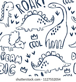 Cute dinosaurs and hand lettering. Funny cartoon dino seamless pattern. Hand drawn vector doodle design for girls, boys, kids. Hand drawn children's pattern for fashion clothes, shirt, fabric