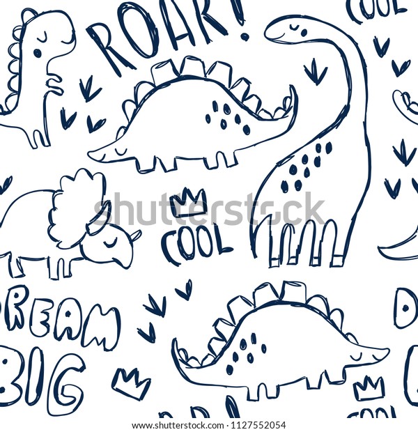 かわいい恐竜と手書き おかしな漫画ディノのシームレスなパターン
