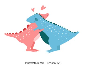 Cute dinosaurs are hugging. Family of dinosaurs. Dinosaurs in love. Funny animals. Vector background. Childish hand drawn illustration. Character for kids. Pencil texture. Isolated.