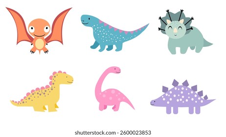 Cute Dinosaurs icon set. Cute Dinosaurs icon collection. Vector of various types of Dinosaurs icon isolated on white background. Flat icon.