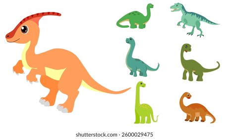Cute Dinosaurs icon set. Cute Dinosaurs icon collection. Vector of various types of Dinosaurs icon isolated on white background. Flat icon.