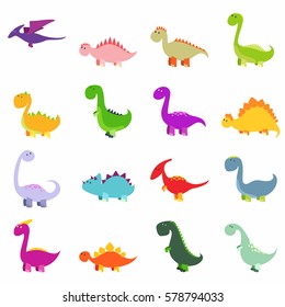 Cute dinosaurs icons set, vector illustration. Cartoon colorful dinosaur collection.