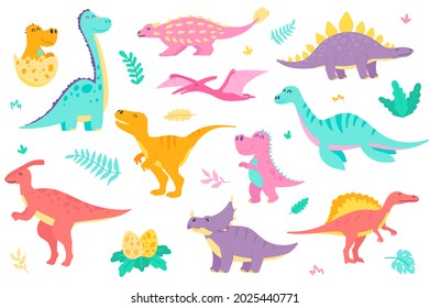 Cute dinosaurs isolated objects set. Collection of different types of colorful dinosaurs, dino baby in egg. Funny prehistoric jurassic reptiles. Vector illustration of design elements in flat cartoon