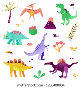 Cute Dinosaurs isolated on white background. Dinosaur footprint, Volcano, Palm tree, Stones. Baby Dino Collection for Nursery, Textile, Book, Print in vector