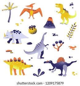 Cute Dinosaurs isolated on white background. Dinosaur footprint, Volcano, Palm tree, Stones. Baby Dino Collection for Nursery, Textile, Book, Print in vector