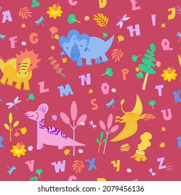 Cute dinosaurs in Jurassic forest. Seamless pattern. Alphabet hand drawn font on fabric. Scandinavian cartoon characters. Color vector image.