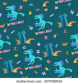 Cute dinosaurs in Jurassic forest. Seamless pattern. Alphabet hand drawn font on fabric. Scandinavian cartoon characters. Color vector image.