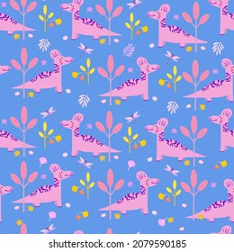 Cute dinosaurs in Jurassic forest. Seamless pattern. Scandinavian cartoon character. Color vector image.